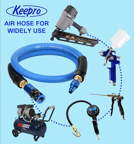 Keepro Rubber Air Hose, Durable Air Compressor Hose 3/8 Inch ID By 3 Feet Long with Swivel Universal Aluminium Quick Coupler and Plug, 300 PSI Maximum Pressure, Blue