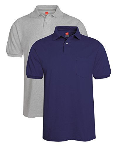 Hanes Men's 2 Pack Short Sleeve Jersey Pocket Polo, Light Steel/Navy, M