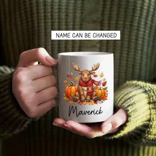 BigTees Customized Moose Accent Ceramic Mug, Personalized Moose Autumn Maple Leaves Coffee Cup with Name, Woodland Animal White Mug 11oz 15oz, Fall Animal Pumpkin Cup, Mugs Gift for Autumn Lover - Image 2