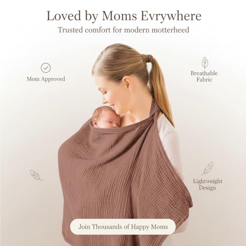 Image of Nursing Cover for Baby Breastfeeding - Breathable 100% Cotton Nursing Apron with Rigid Hoop, Privacy Cover, Lightweight Car Seat Canopy & Multi-Use Baby Essentials -Multi Color (Mocha /Cocoa)