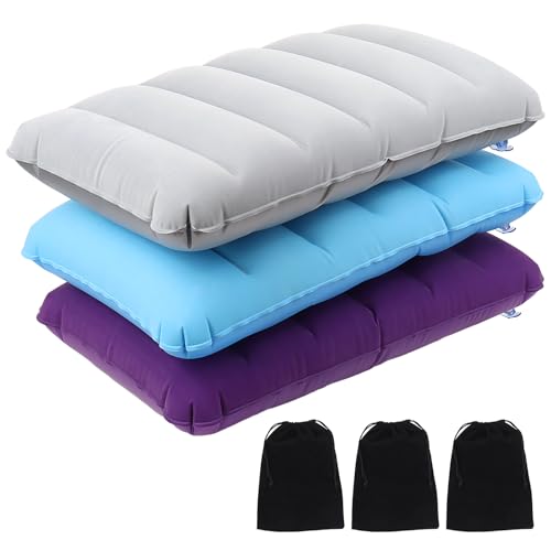3 Pièces Oreiller de Flocage Gonflable Ultraléger Imperméable, Coussin Gonflable Floqué Doux Compressible avec 3 Sacs de Rangement, Oreiller de Plage Imperméable pour Voyage Camping Excursions