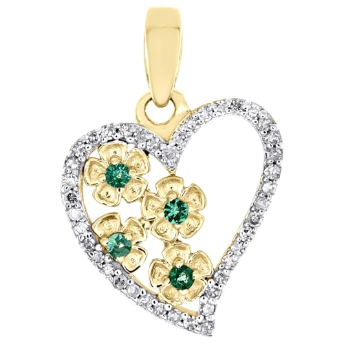 10K Yellow Gold Green Emerald Round Diamond Heart Pendant 0.65"