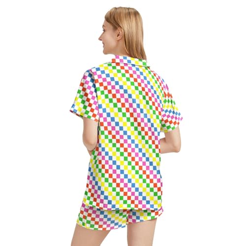 Image of Funny Pajamas for Women Set Print Satin Loungewear Pjs Short Sleeve Button Down Top and Shorts Sets Sleepwear XS-3XL