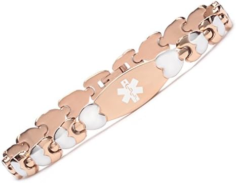 Fashion Rose Tone Double Heart Medical Alert id Bracelet for Women-(8.5)
