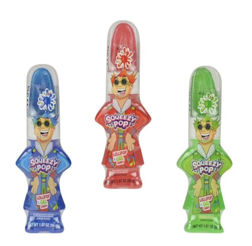 Mr. Squeezy Pop Lollipop & Gel Candy, 3 Pack, Blue Raspberry Green Apple Strawberry Flavors, 1.97 oz Each