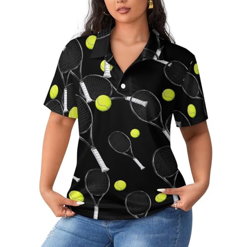 Camiseta polo de tenis para mujer con diseño de raqueta y cuello clásico de manga corta