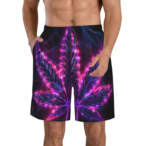 Marijuana Leaf Cannabis Neon Trippy Psychedelic Purple Men's Quick Dry Swim Shorts, Mesh Lined Beach Trunks with Pockets4