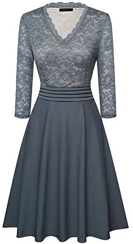 HOMEYEE Women's Chic V-Neck Lace Patchwork Flare Party Dress A0622