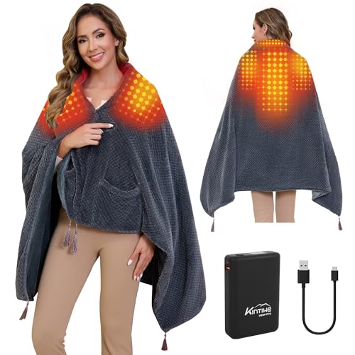 Kintiwe Heizdecke, Elektrische Wärmedecke Heizdecke mit 20000mAh Akku Kabellos, Heizkissen für Nacken und Schulter mit 4 Heizzonen und 3 Temperaturstufen Grau 100 x 150 cm