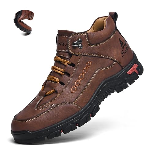 Men'S Leather Lace-Up Platform Hiking Boots Fashion Handmade High-Top Waterproof Non-Slip Oxford Ankle Boots For Trail Travel Outdoor Casual Boots (8.5,coffee,8.5)