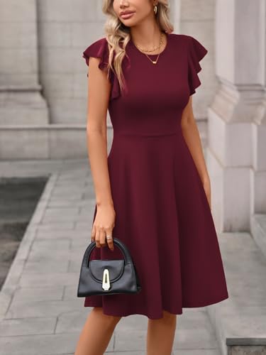 Image of MSLG Women's Fit and Flare Ruffle Short Sleeves Dresses Work V-Back Cocktail Semi Formal A Line Dress with Pockets 842