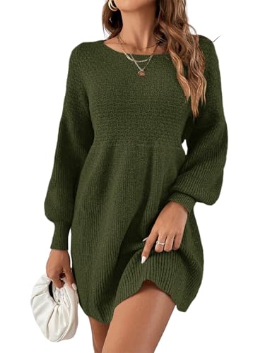 Saodimallsu Damen Rundhals Strickkleid Puffärmel Hoch Tailliert Pulloverkleid Elegant Strickpullover Kleid A-Linie Minikleid Armeegrün S