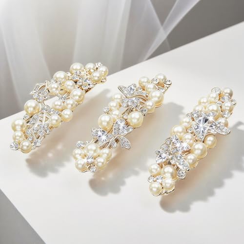 image for ELLOPH Gold Pearl Hair Clips Barrettes for Women French Rhinestone Fan