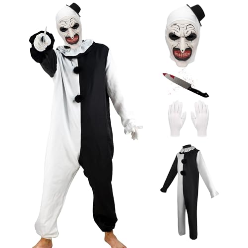 Disfraz Terrifier Adulto, Disfraz payaso terror halloween Mujer Hombre Unisex, Mascara Terrifier Halloween+Cuchillo+Guantes, Payaso Asesino Costume Blanco y Negro (MONO+MASK+CUCHILLO+GUANTES, L)