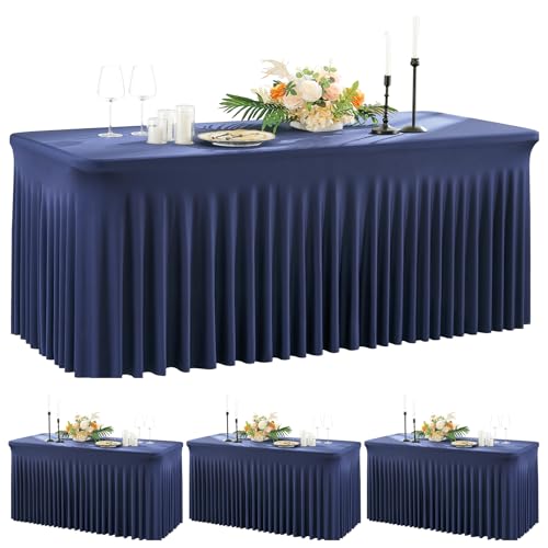 NSSONBEN Lot de 4 nappes en élasthanne Bleu Marine pour Tables rectangulaires de 180 cm, infroissables, Extensibles avec Jupe pour Banquet, fête, Mariage, Anniversaire, réunion, décoration