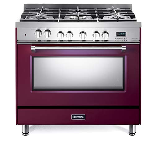 Verona Prestige Series VPFSGE365BU 36 inch. Dual Fuel Range Convection Oven 5 Sealed Burners Storage Drawer Burgundy