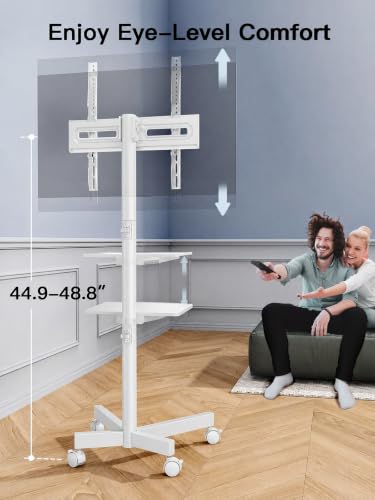 Image of PERLESMITH Rolling White TV Stand for 23-65 Inch TVs up to 99 lbs, Portable TV Stand on Wheels with Height Adjustable Shelf, Outdoor Mobile White TV Cart for Bedroom, Max VESA 400x400mm, PSTVMC04W