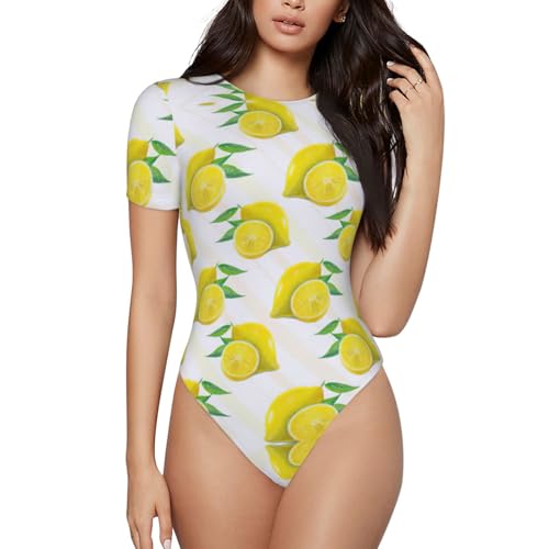 DUWAA Camiseta de manga corta con estampado de limón amarillo para mujer, elástica, entallada, con entrepierna a presión, Negro, L