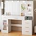 BEWISHOME Grande Tocador con Espejo y Luces LED,Brillo Ajustable,Tocador de Maquillaje con Tapa de Vidrio y Enchufes,Mesa de Maquillaje con 5 Cajones,para Dormitorio Blanco EFST34W