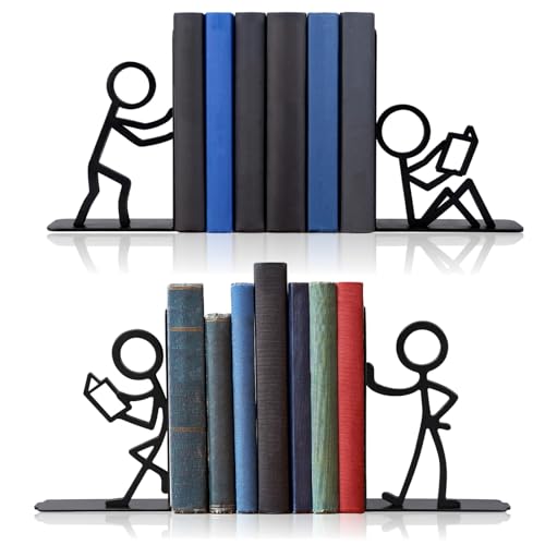 four decorative metal bookends shaped like standing figures, holding books upright