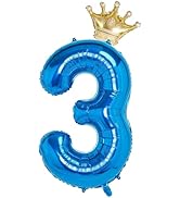 3 Number Balloon Blue 40 inch Big Foil Crown Helium 3rd Balloons for 3 Year Old Boy Girl Birthday...