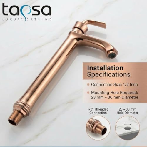 Image of Tapsa Jupiter Series Rose Gold PVD Coated Brass Tall Pillar Cock Tap /Tall Pillar Tap with Long Spout & 12 Inches Tall Body /Tall Boy Extended Pillar Tap Faucet (Deck Mount Installation Type)