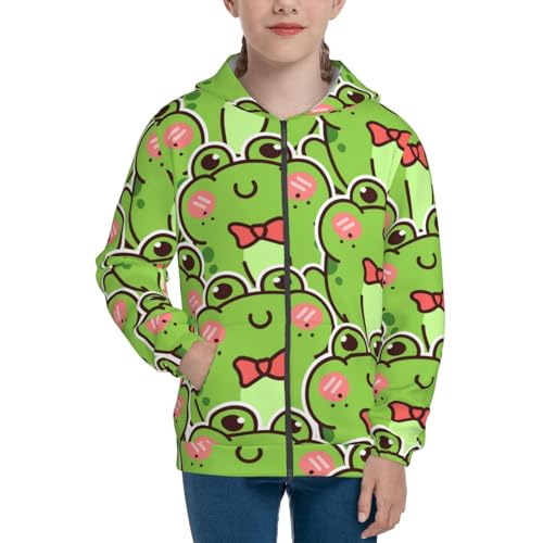 Cute Green Frog Kids Pullover Hoodies Boys Zip Up Sweatshirts Girls Athletic Clothes with Pocket3