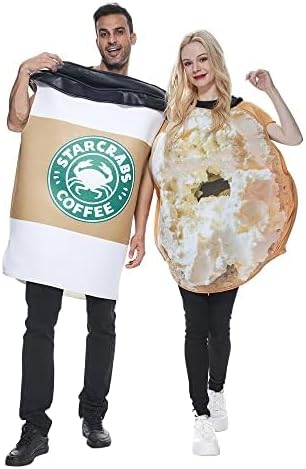 EraSpooky Unisex Adult Couples Bagel Coffee Costume 2 Pc Jumpsuit Halloween Costume One Size Set