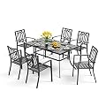 PHI VILLA Outdoor Dining Set 7 Pcs 1 Metal Dining Table and 6 Outdoor Dining Chairs Metal Patio Bistro Stackable Chairs, Black for Outdoor Backyard Bistro Furniture Set