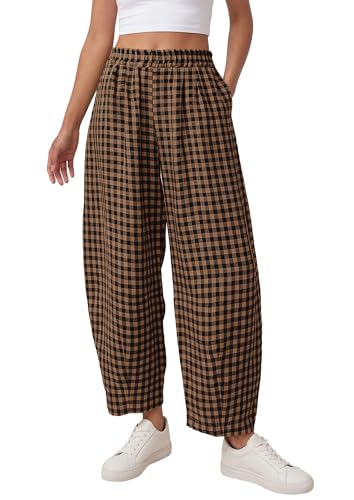 PRETTYGARDEN Plaid Barrel Pants Women Summer 2026 Casual Loose Wide Leg Lounge Gingham Trousers Spring Fashion Beach Bottoms (Black Khaki Plaid Medium)