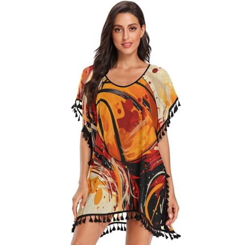 Yellow Coffee Basketball Art Women's Beach Cover Up Chiffon Tassel Swimwear Swimsuit Coverups for Girl