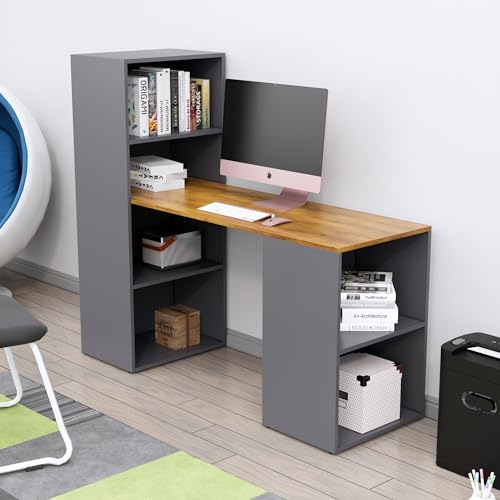 Image of Bniture Wooden Study Table for Home with Bottom Storage | Engineered Wood Study Table with Book Shelf | Multi Purpose Computer Desk for Writing, Laptop Table for Office & Home, Slate Grey & Giant Wood