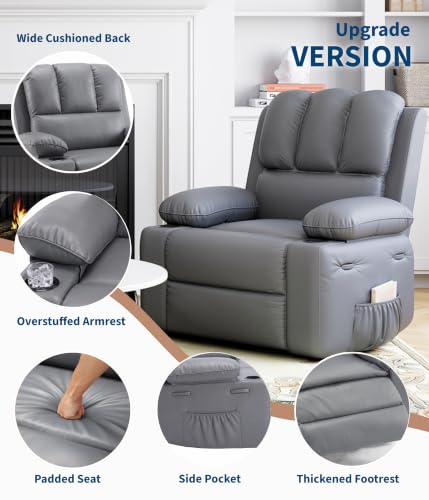 Image of GarveeHome Leather Recliner Chair - Heat and Massage, Swivel Rocker Manual Recliner for Adults, Reclining Sofa Rocking Chair with Side Pocket, Cup Holders for Living Room