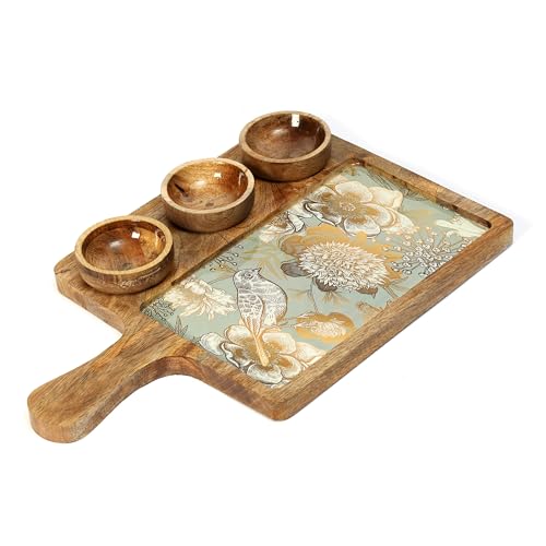 Image of Handcrafted Mango Wood Serving Platter with 3 Dip Bowls | Traditional Jamawar Kashmiri Print | Waterproof, Heat-Resistant, Food-Safe Lacquer Finish | 15.5 x 10 Inch | Made in India (3Katori: GreyBird)