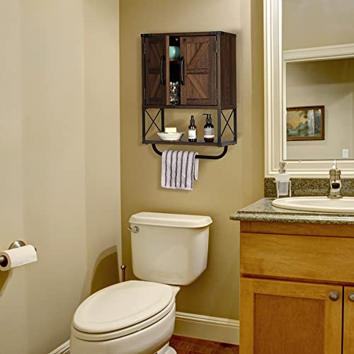 Rustown Farmhouse Rustic Medicine Cabinet With Two Barn Door,Wood Wall Mounted Storage Cabinet With Adjustable Shelf And Towel Bar, 3-Tier Bathroom Cabinet For Bathroom, Living Room (Dark Walnut) #TOP1