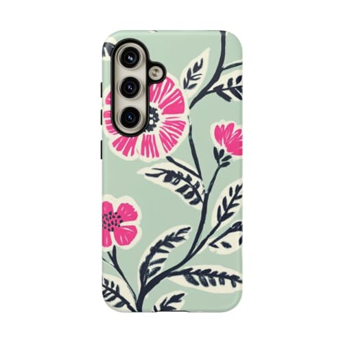 Coque Samsung S24 motif floral rose vif fond menthe rigide