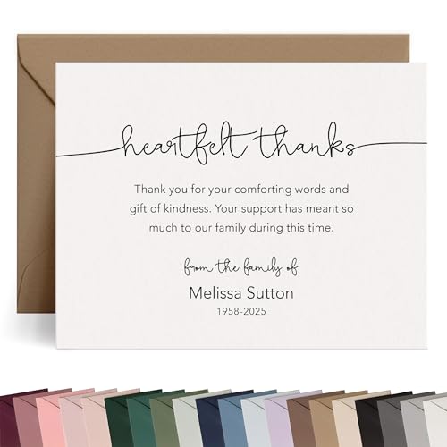 Curio Press Funeral Thank You Cards with Envelopes, Custom Stationery with Name & Prewritten Message Sympathy Cards for Bereavement Support Personalized Stationery for Women & Men - Heartfelt Flat
