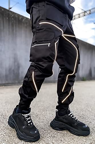 Boomlemon Men's Cargo Jogger Pants Reflective Technical Hip Hop Harem Pants Punk Streetwear Tactical Track Pants(Black Xl) #TOP2