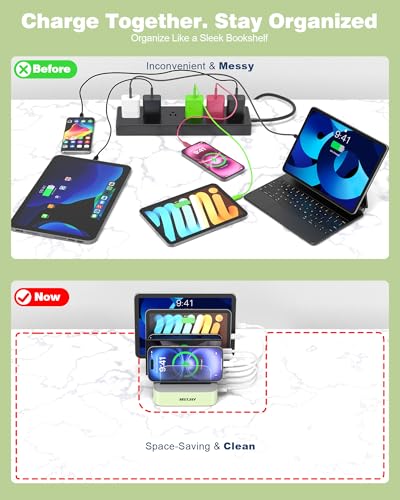 Image of MSTJRY Charging Station for Multiple Devices : 5 Port Multi USB-A Charger Stations Multi-Device Organizer Charging Dock Designed for iPhone iPad Cell Phone Tablets (7 Short Cables Included), Cyan