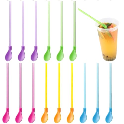 15 Pieces Slush Straws, Slush Straws,Colored Straw Spoon 2 in 1, Plastic Reusable Straws, Reusable Straws Spoon Suitable