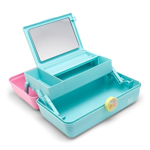 Image of Caboodles On-The-Go Girl Makeup Storage Box 2-Pack, Two-Tone Pink /Light Blue and Lavender /Light Green, Hard Plastic Makeup Organizer Box, Built-In Mirror, Secure Latch for Safe Travel