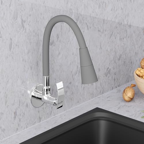 Image of Gloxy Wall Mount Faucet for Kitchen Sink with Chrome Finished Touch Lever - 20-Inch Grey Silicone Flexible Leak Proof Spout & Splash Free Dual Flow Nozzle