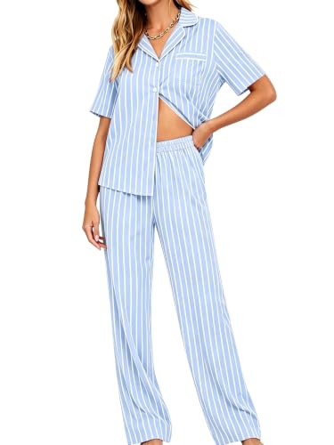Image of SWOMOG Women Pyjama Sets Two-Piece Nightwear Short Sleeve Sleepwear Button Down Pj Lounge Sets with Long Pants Blue White Stripe Large