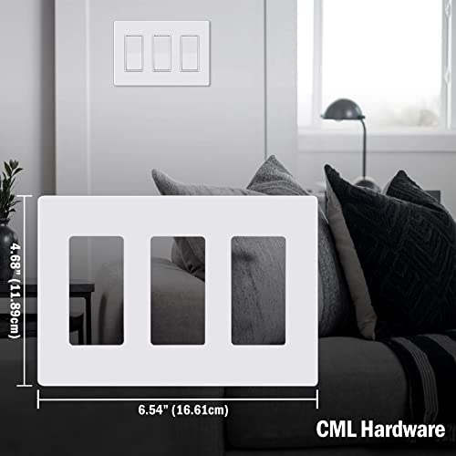 Cml 3-Gang Screwless Decorator Wall Plate, 2 Pack Light Switch Covers, Outlet Receptacle Cover, Hidden Screw Smooth Face, Impact Resistant, Standard Size 4.68”X 6.54”, Glossy White #TOP5