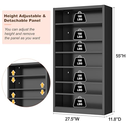 Image of Metal DVD Storage Cabinet, 7 Tier Tall Media Storage Shelf with Adjustable Shelves, Freestanding CD & DVD Rack Tower Bookshelf for Living Room, Home Entertainment,Black