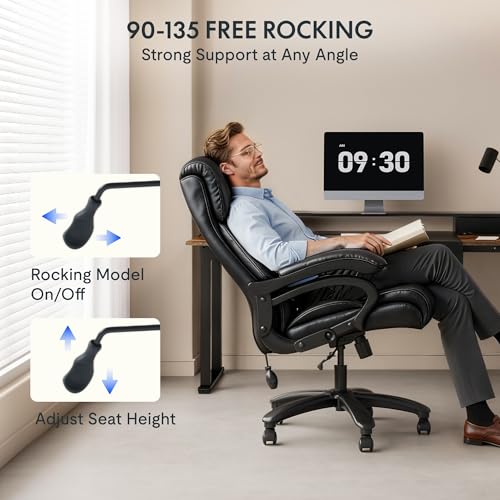 Image of FLEXISPOT 500LBS Big and Tall Office Chair with Stable Arms Ergonomic Office Chair for Heavy People High Back Reclining Chairs with Padded Adjustable Lumbar Support Heavy Duty Base, Leather, Black