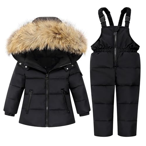 Kids Toddler Girls BoysThicken Warm Snowsuit Hooded Ski Jacket Snow Pants Set Skiing Jacket Coats Snowboarding Outfit (Black, 3-4 Years)