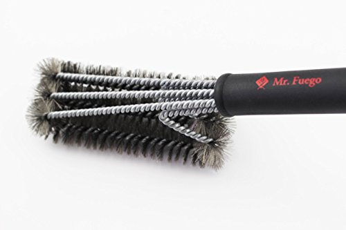 Mr. Fuego – BBQ Grill Brush Cooking Utensil, 3 in 1 Advanced Abrasive Bristles, Heavy Duty, Light Weight, Quick and Easy Cleaning, Fire Starter Storage in Handle, Great Outdoorsman Gift