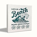 KEUSPI Summer Beach Desk Decor,Life is a Beach Make Some Waves Wood Block Plaque Box Sign Rustic Summer Wood Box Sign Desk Decor for Coastal Beach House Home Wall Tabletop Shelf Decorations