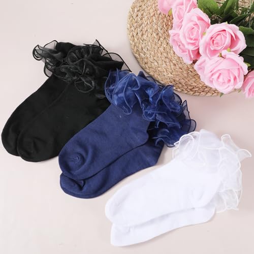 6 Pcs Blue Ruffle Socks, Lace Socks Women Double-Lace Cotton Frilly Sock Multicolor Comfortable Lacy Adult Ruffles Sock Wmen for Women's Leather Shoes High Heels Ankle Boots2